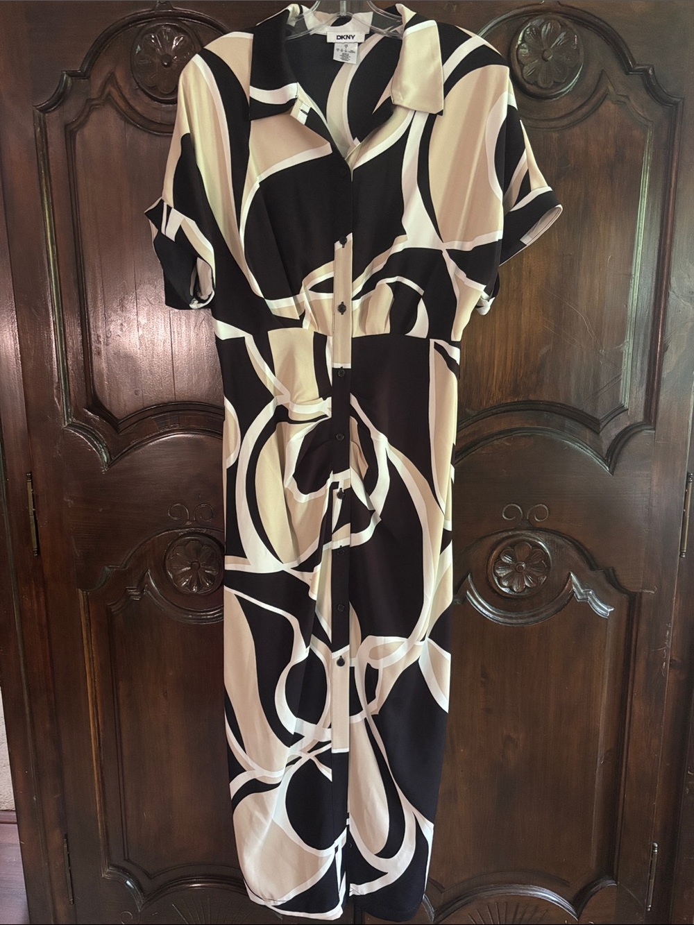 DKNY Black and Cream Curved-Stripe Dress